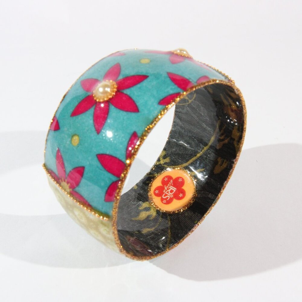 Turquoise Floral Enamel Bangle Bracelet with Pink Accents